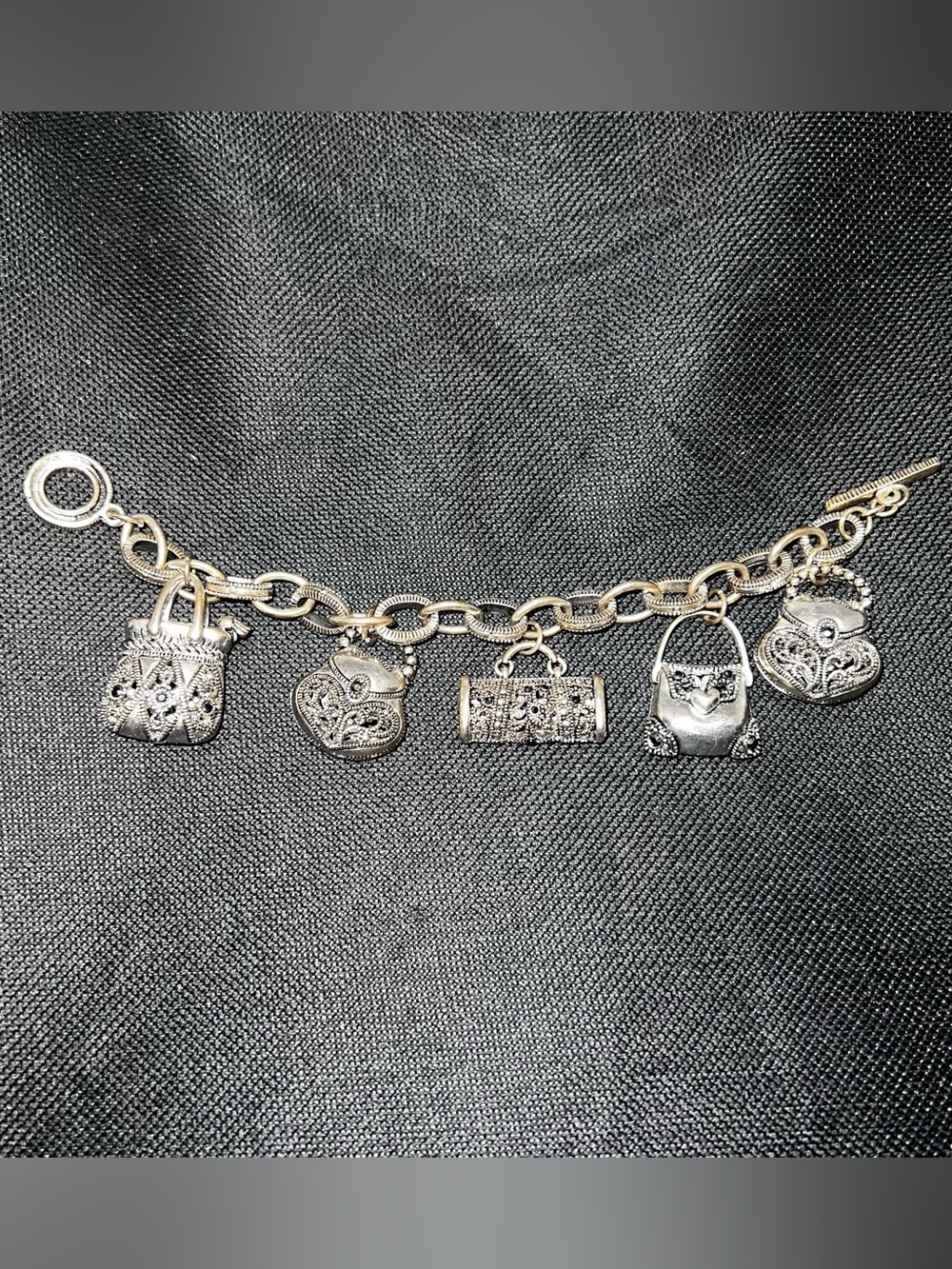 Silver-ToneMetal Puffy Openwork Purse Rhinestone Accent Charm Bracelet -